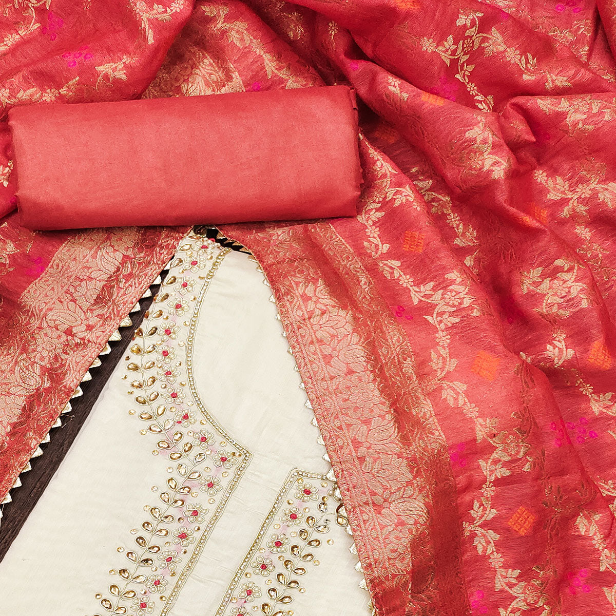 Cream  Handwork Chanderi Dress Material