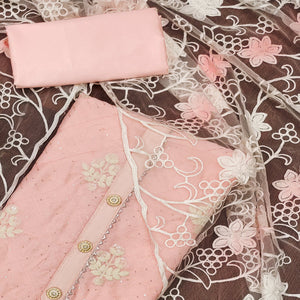 Peach Floral Embroidered Chanderi Dress Material