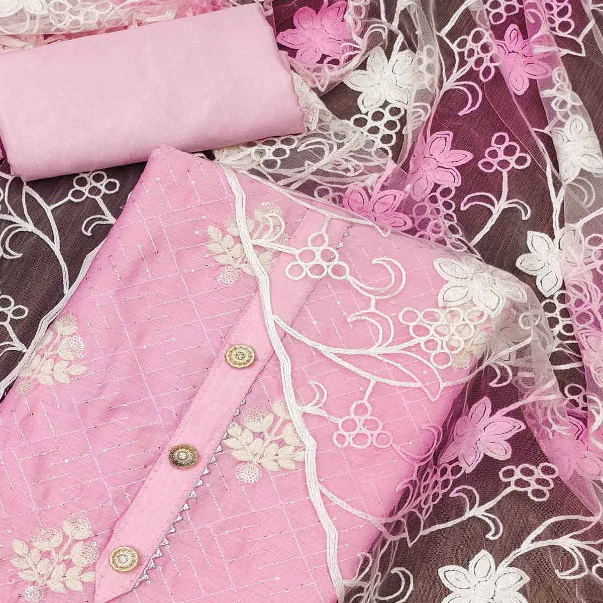 Pink Floral Embroidered Chanderi Dress Material