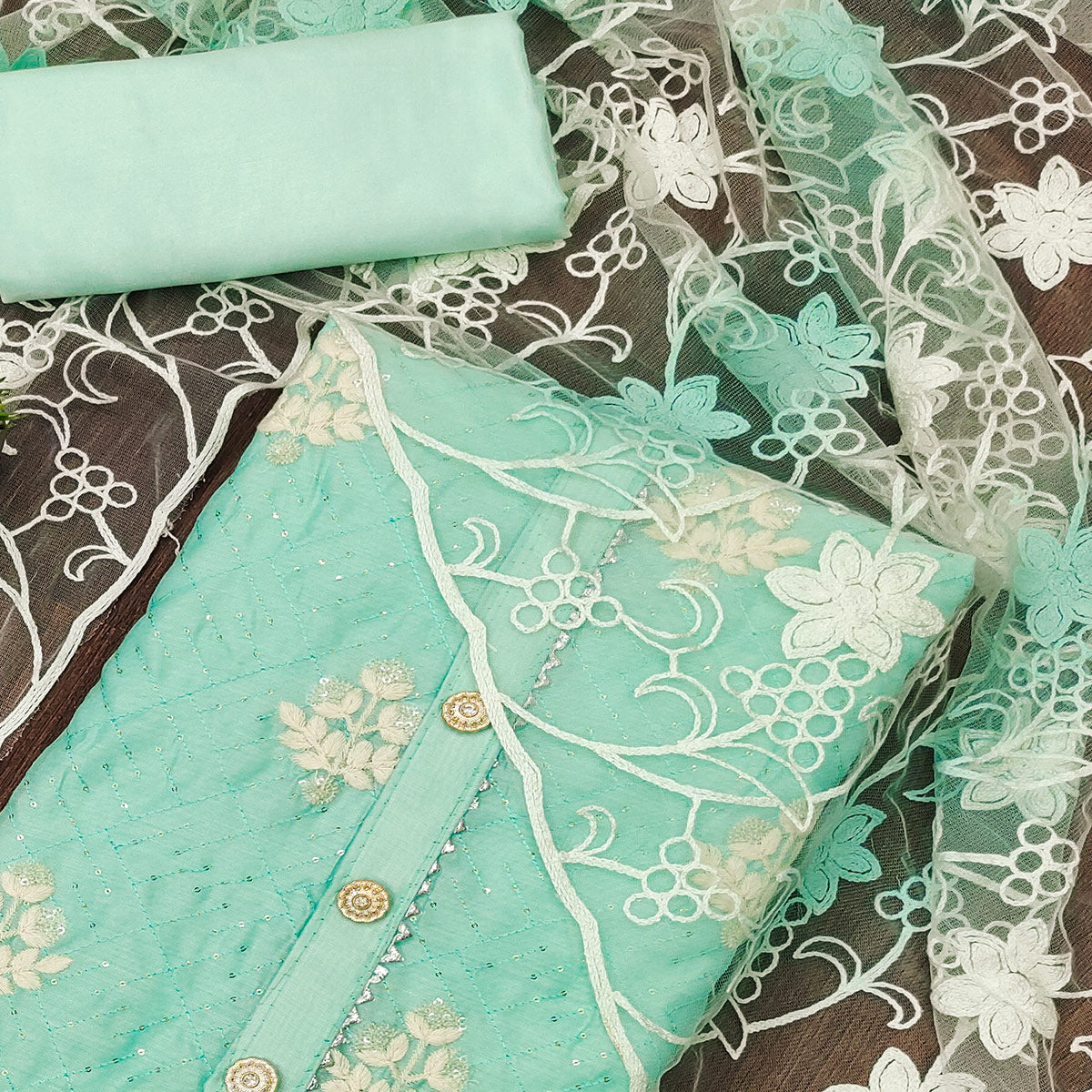 Turquoise Floral Embroidered Chanderi Dress Material
