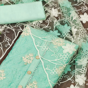 Turquoise Floral Embroidered Chanderi Dress Material