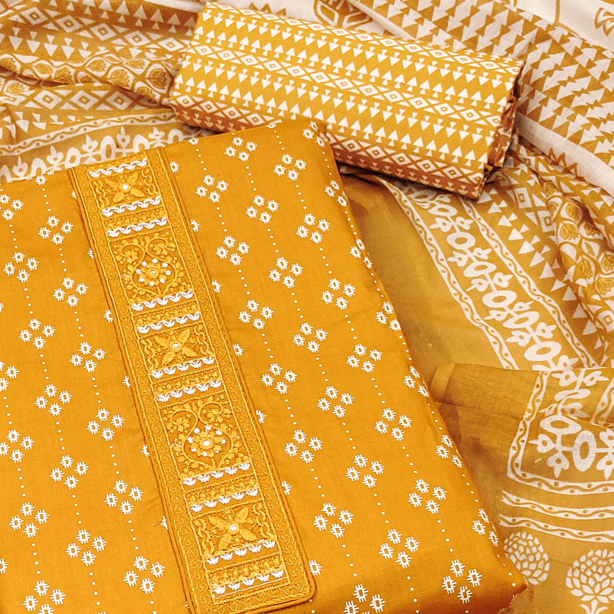Mustard Floral Printed Pure Cotton Dress Material