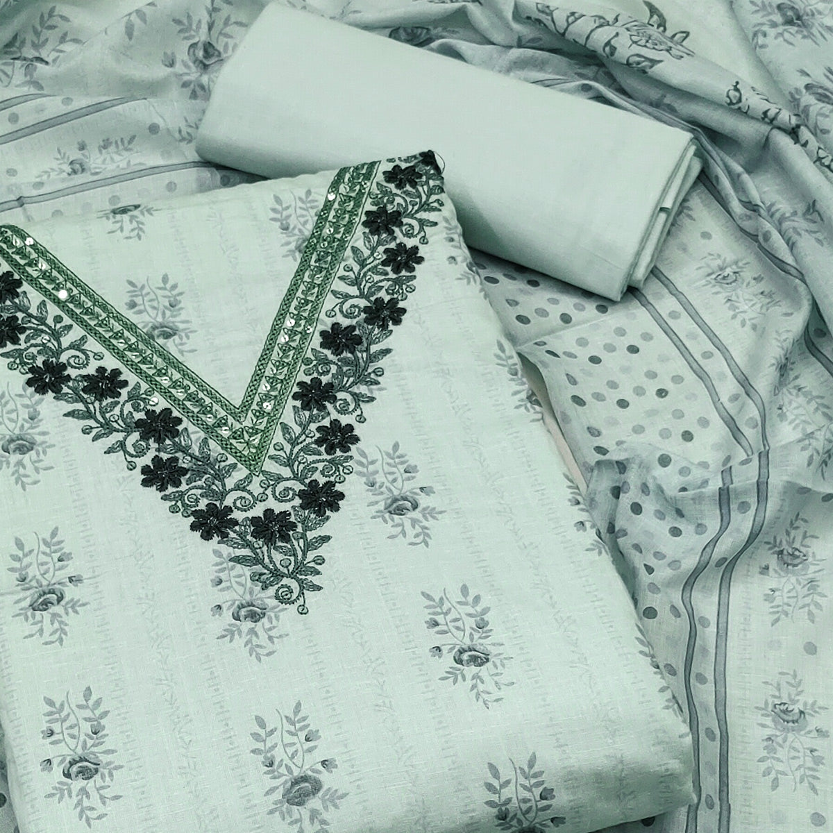 Grey Floral Printed Pure Cotton Dress Material
