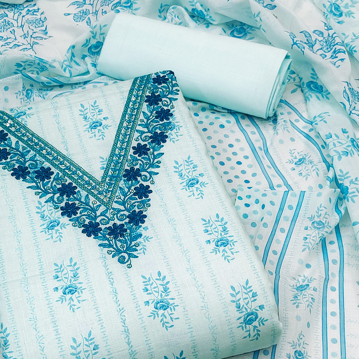 Sky Blue Floral Printed Pure Cotton Dress Material