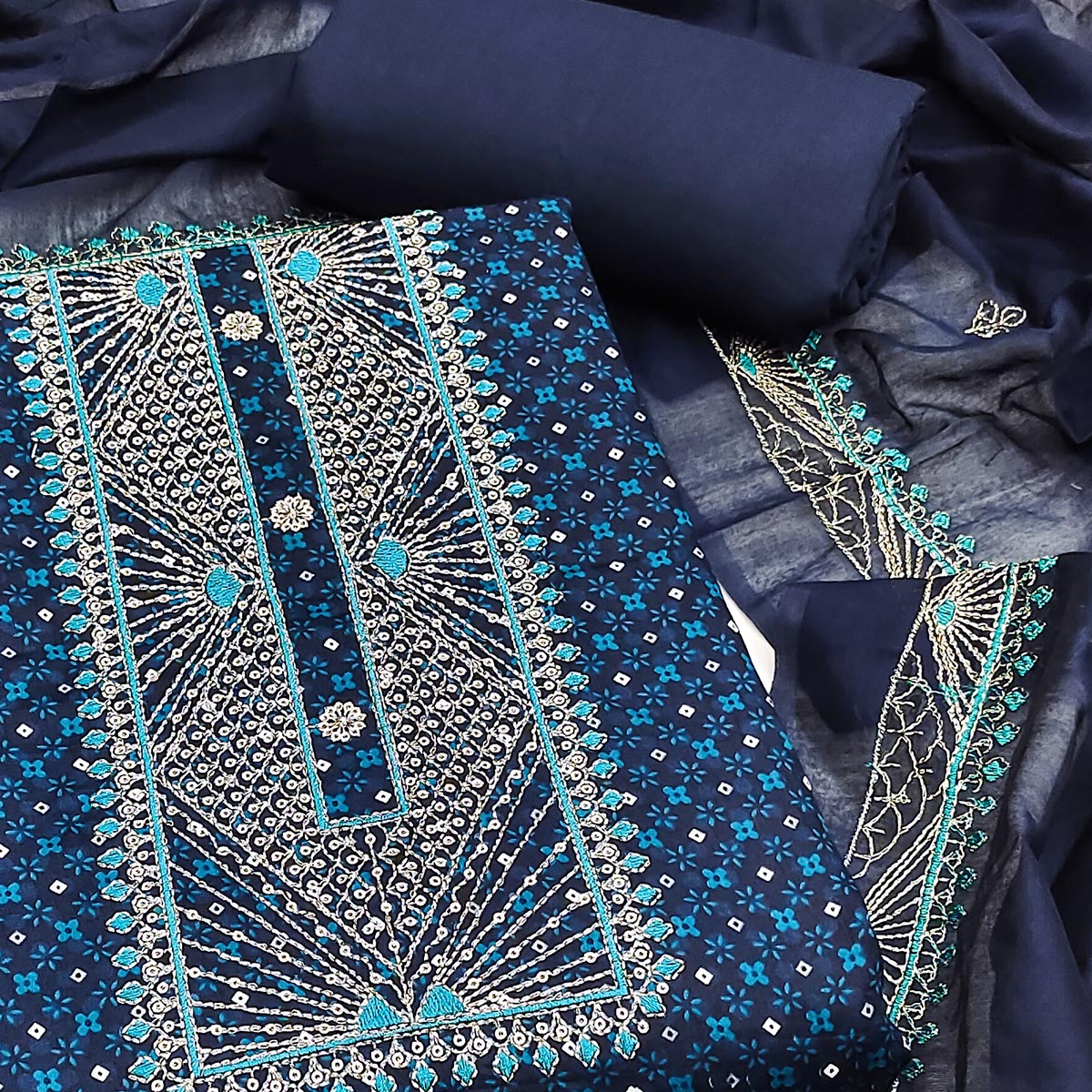 Navy Blue Printed With Embroidered Satin Dress Material