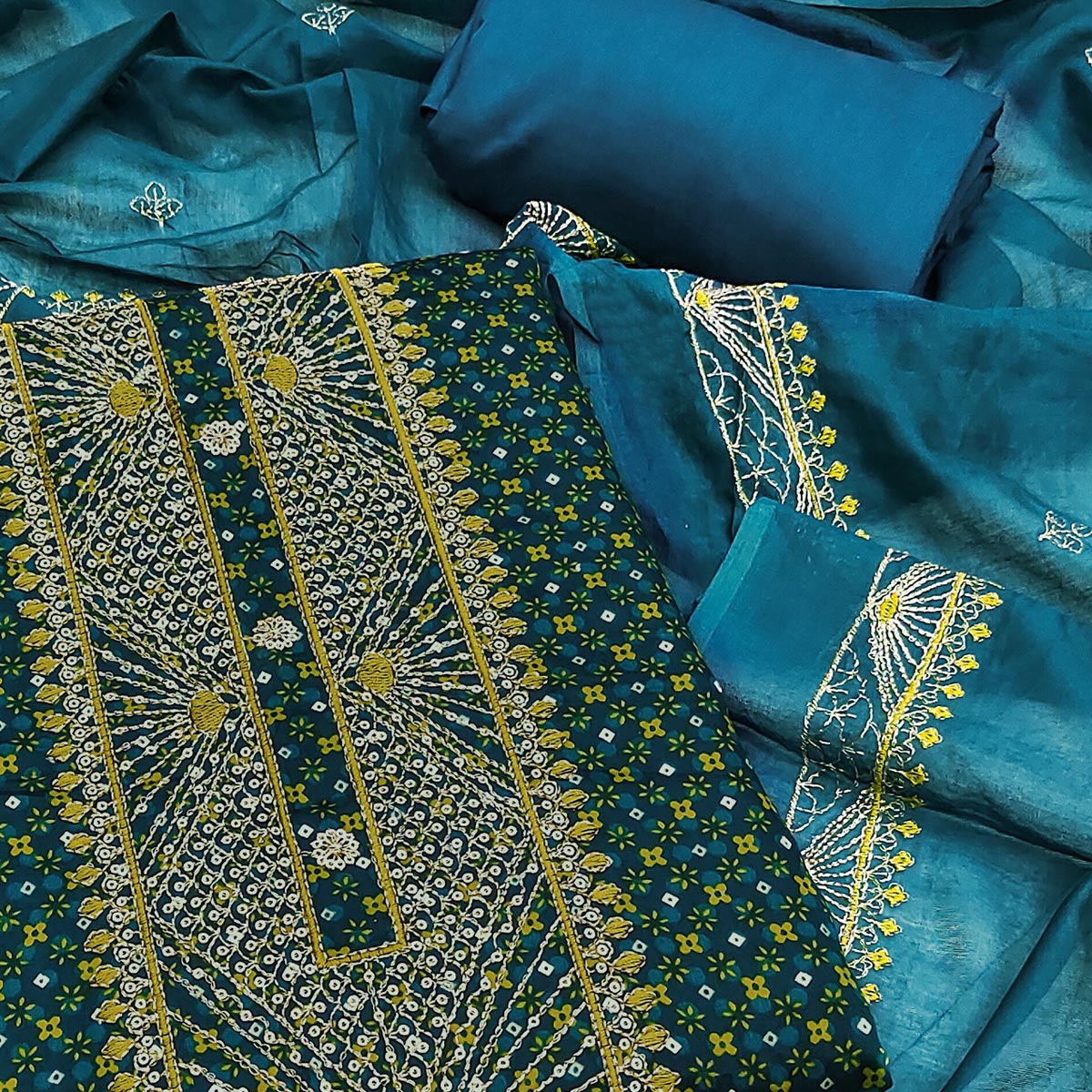 Teal Blue Printed With Embroidered Satin Dress Material