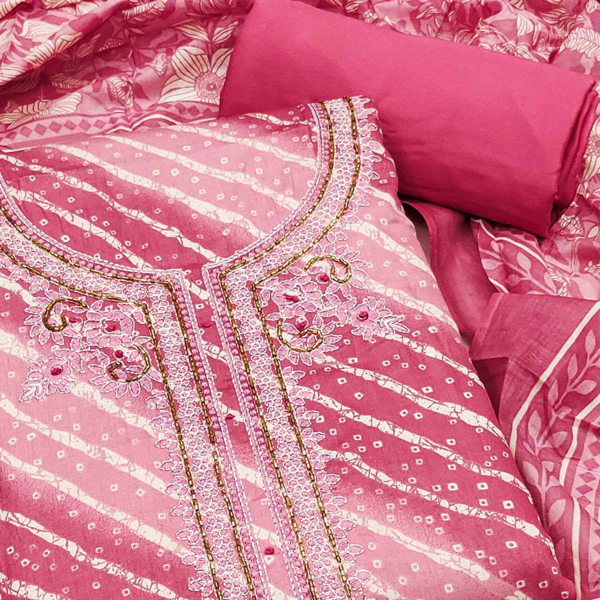Summer Perfect Pink Cotton Suit Material with Stripe Pattern