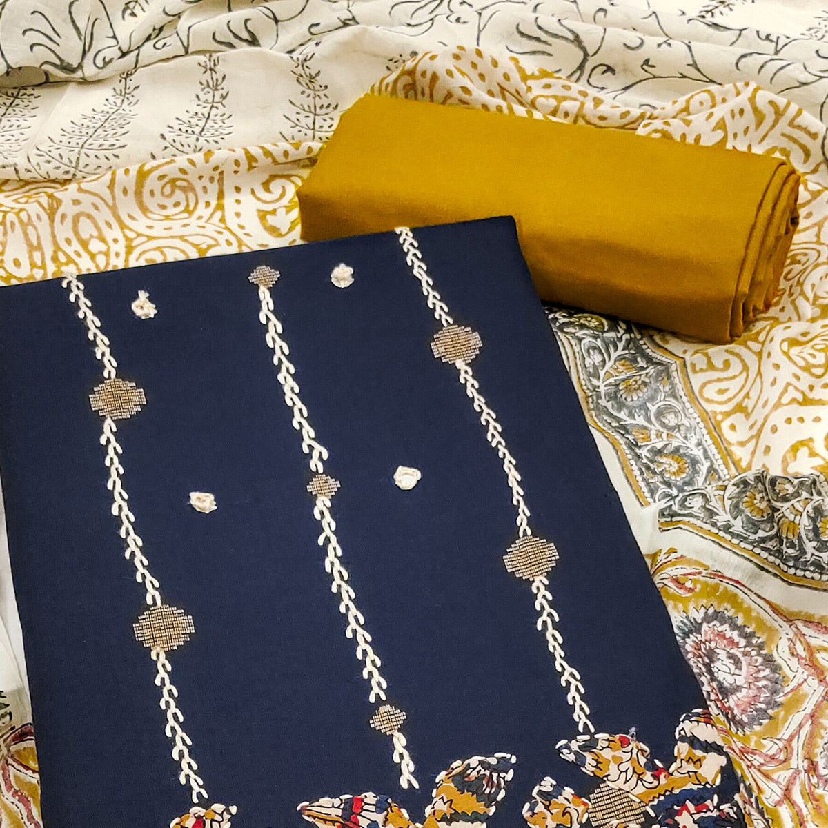 Blue Pure Cotton Dress Material with Mirror & Embroidery Work