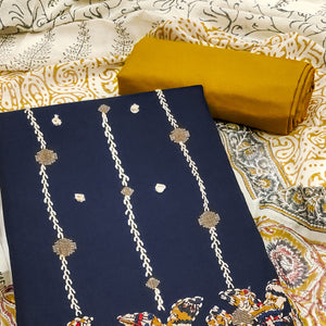 Blue Pure Cotton Dress Material with Mirror & Embroidery Work