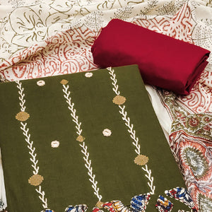 Green Pure Cotton Dress Material with Mirror & Embroidery Work