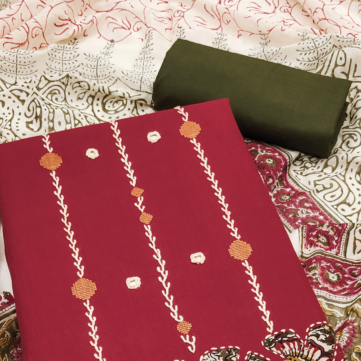 Maroon Pure Cotton Dress Material with Mirror & Embroidery Work