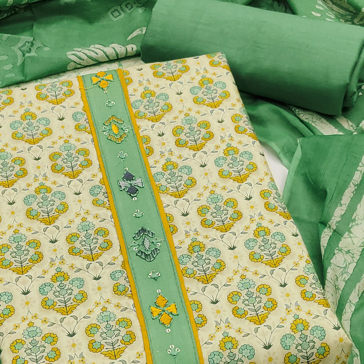 Unstitched Pure Cotton Mint Green Dress Material with Floral Charm
