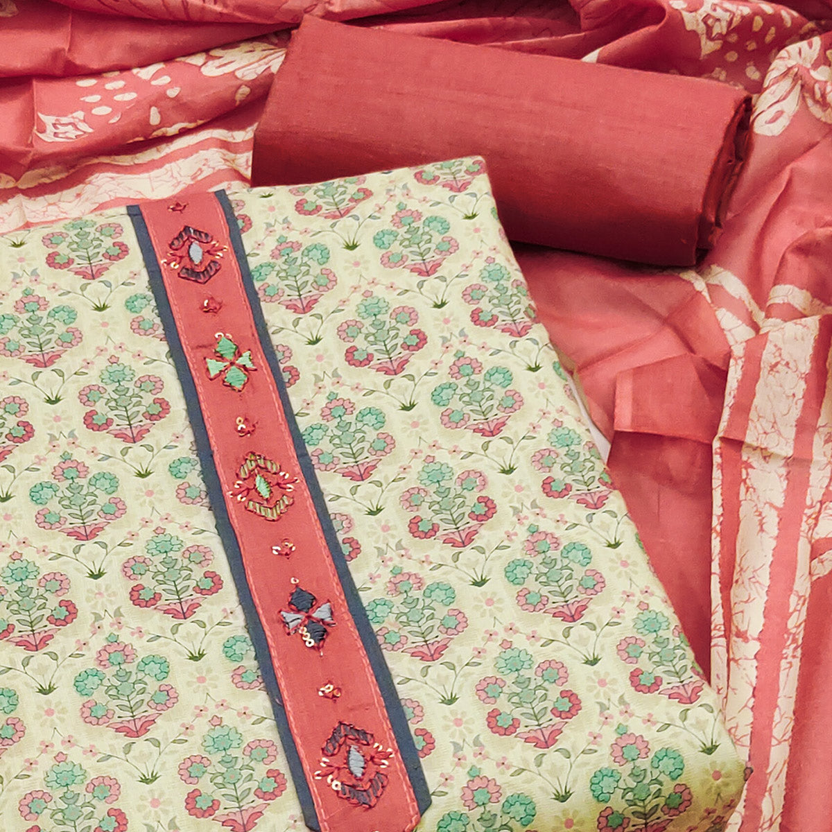 Unstitched Pure Cotton Peach Dress Material with Floral Charm