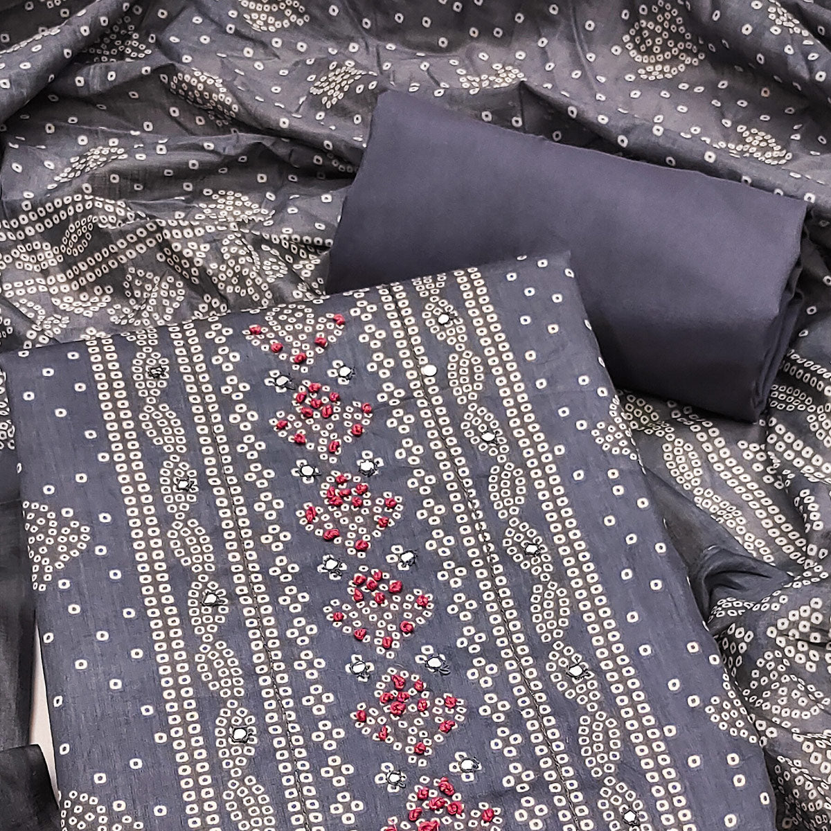 Soft Cotton Grey Dress Material with Classic Bandhani Print