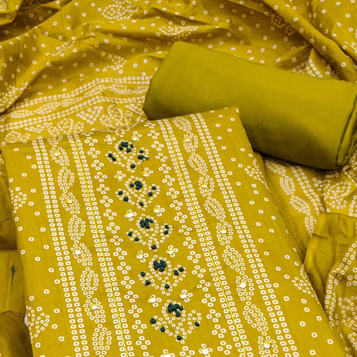 Soft Cotton Olive Dress Material with Classic Bandhani Print