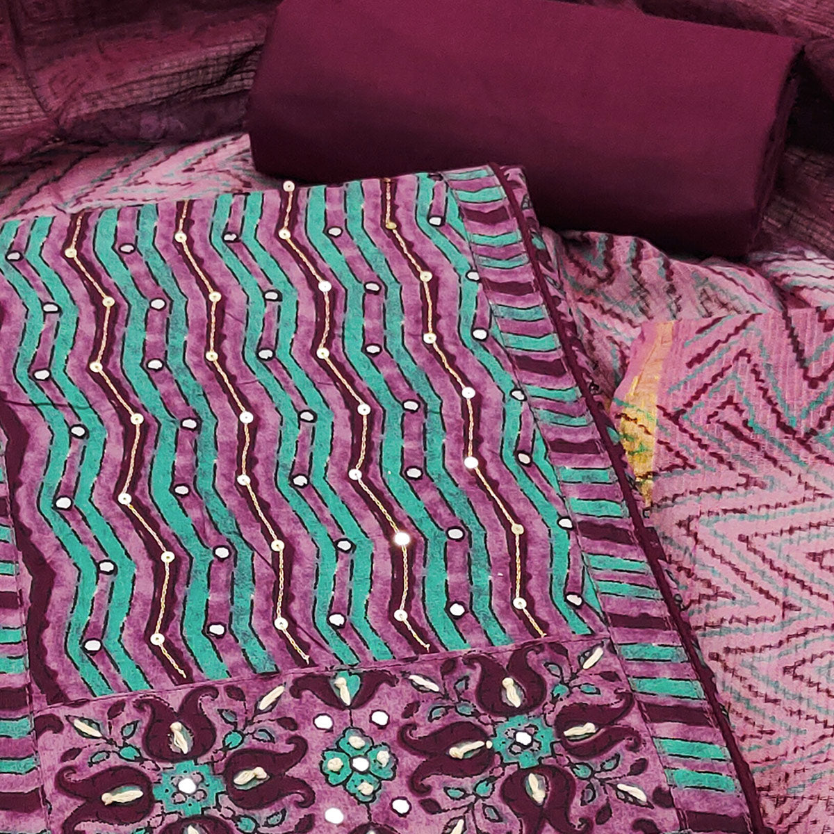 Unstitched Muted Purple Cotton Dress Material Featuring Subtle Floral Patterns