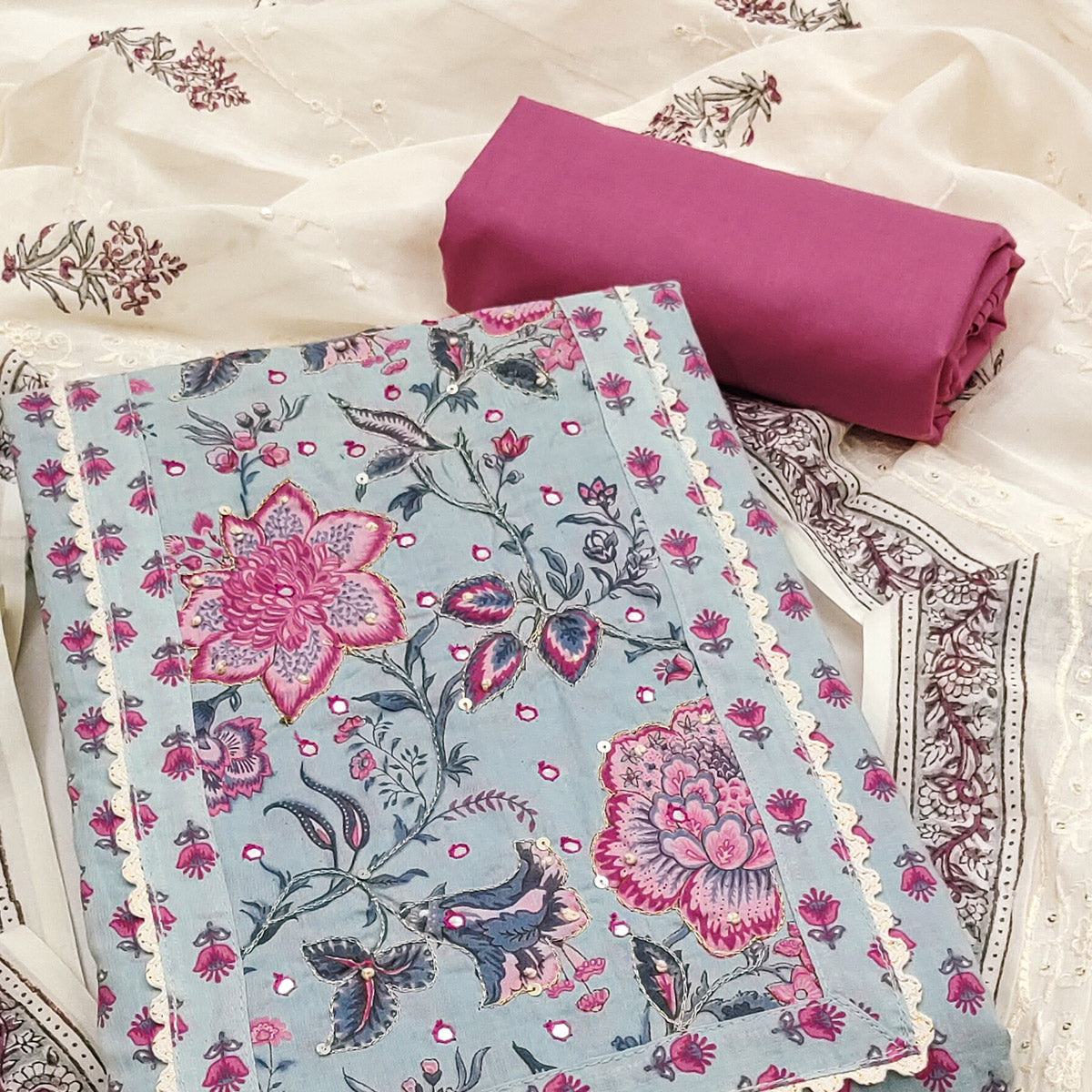 Pure Cotton Dress Material in Grey with All Over Floral Print