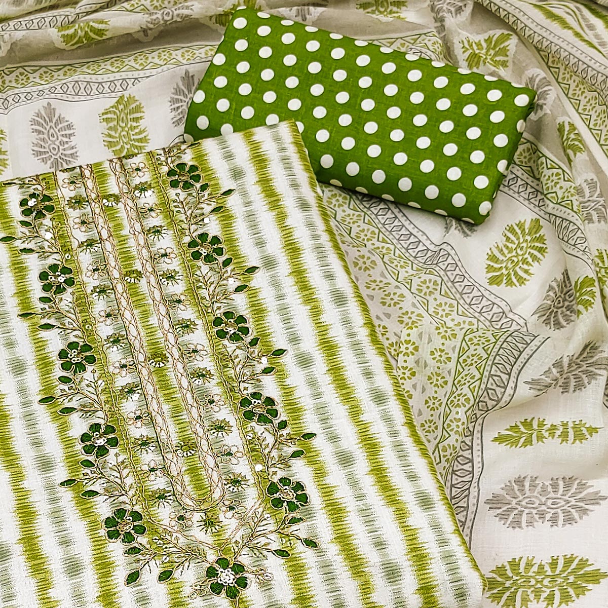 White & Green Striped Printed Pure Cotton Dress Material