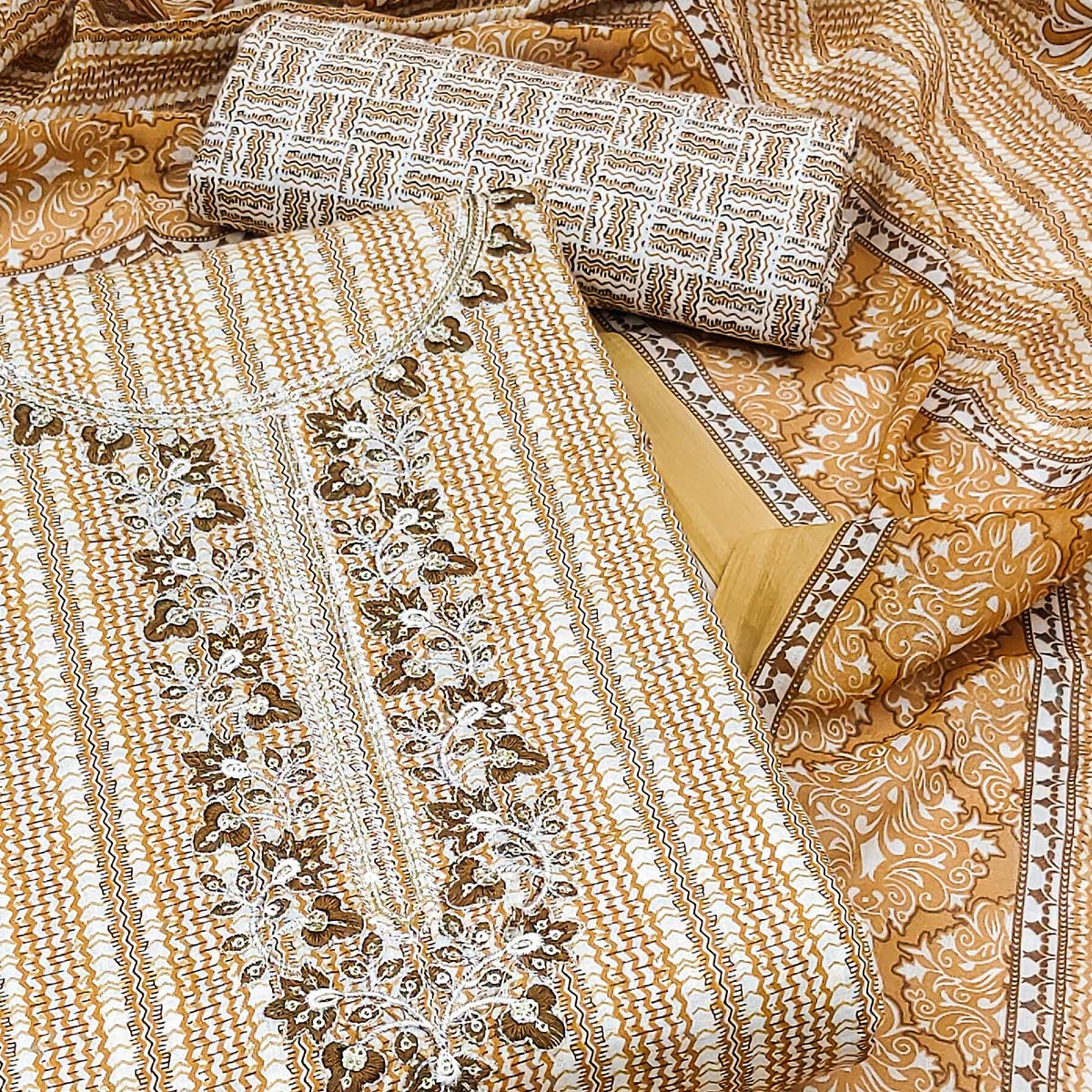 Beige Striped Printed Pure Cotton Dress Material