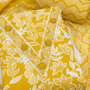 Stylish Yellow Floral Pure Cotton Dress Material Accented With Neckline Sequins Embroidery
