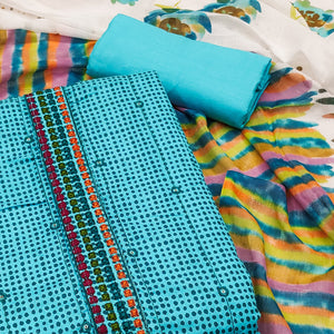 Blue Printed Pure Cotton Dress Material