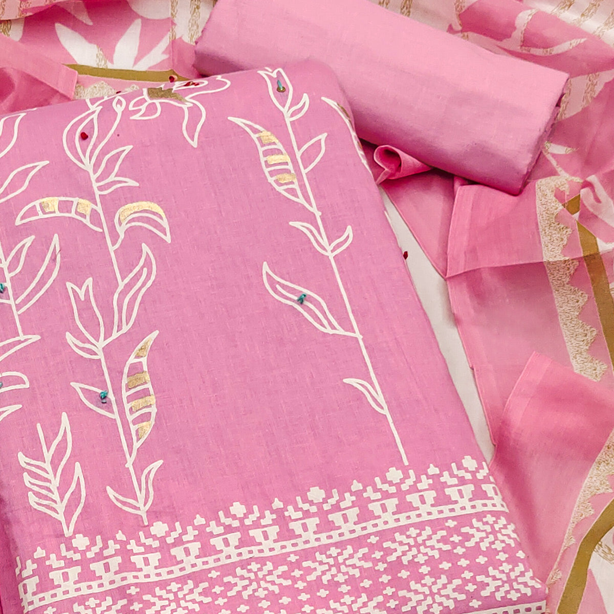 Pink Floral Foil Printed Pure Cotton Dress Material