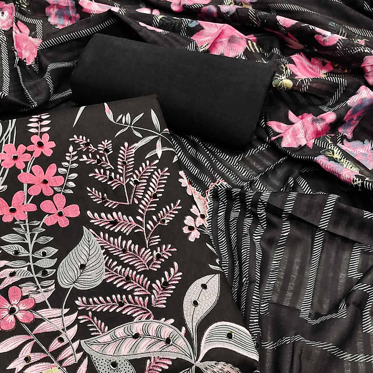 Black Floral Printed Pure Cotton Dress Material