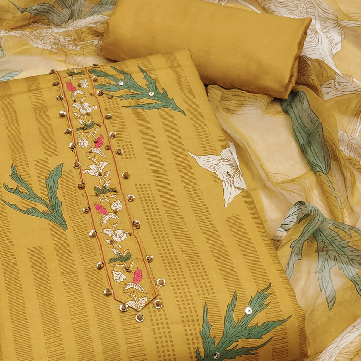 Mustard Floral Printed Pure Cotton Dress Material