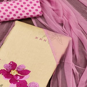 Beige & Pink Floral Printed Pure Cotton Dress Material