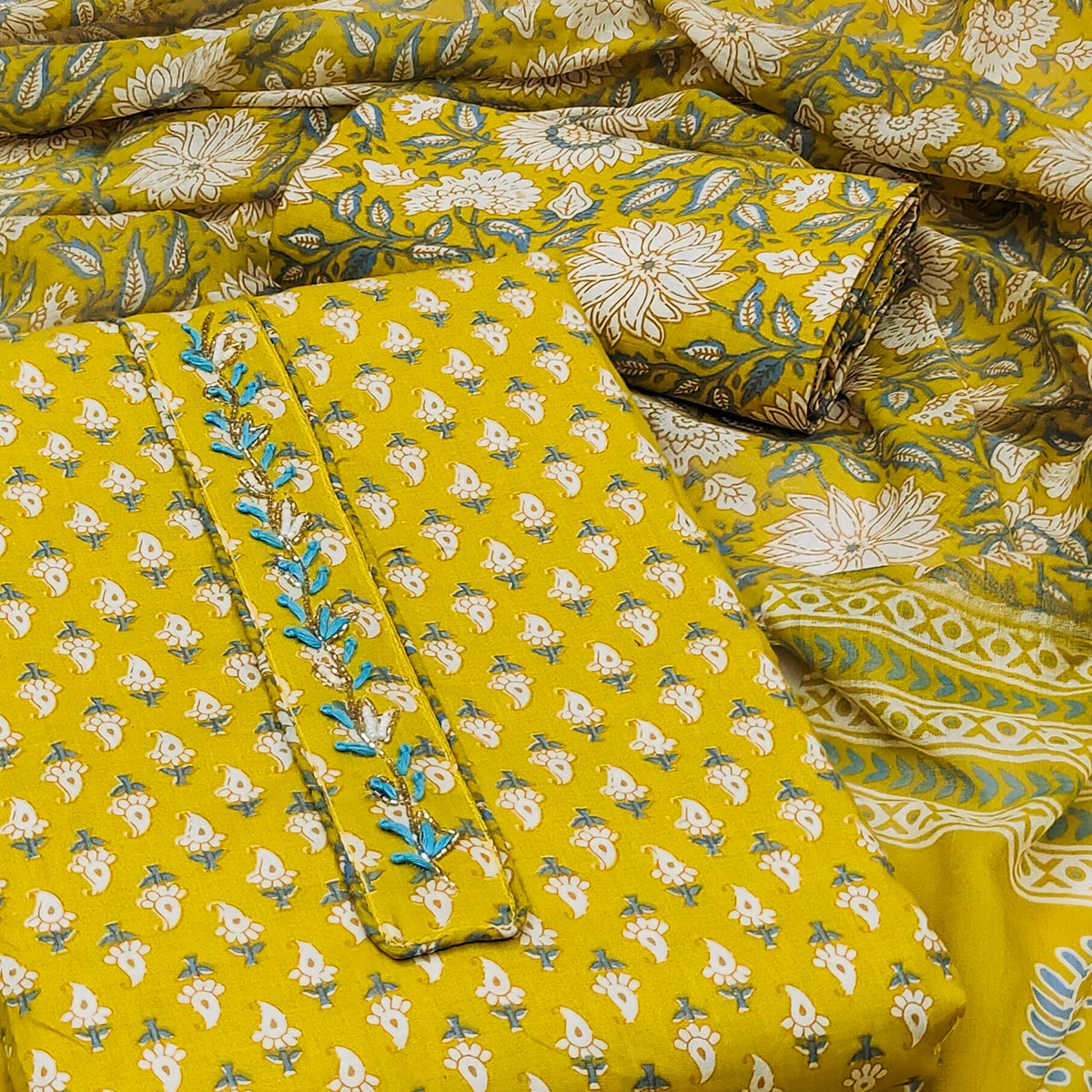 Lemon Yellow Floral Printed Pure Cotton Dress Material