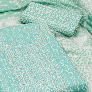 Blue Bandhani Printed With Sequins Pure Cotton Dress Material