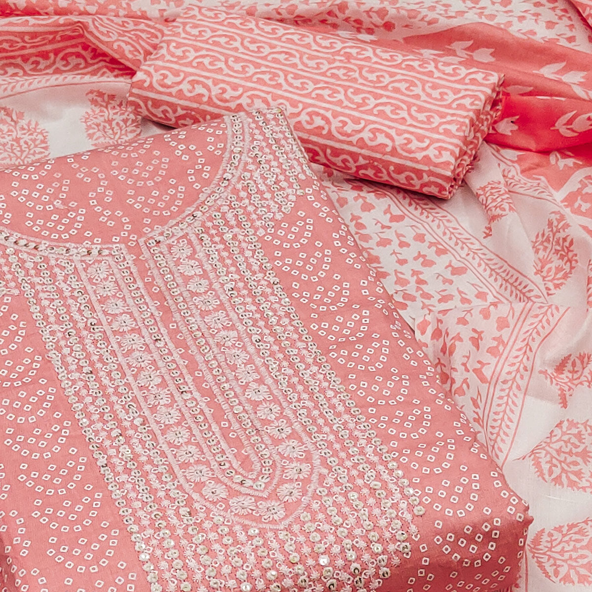 Peach Bandhani Printed With Sequins Pure Cotton Dress Material