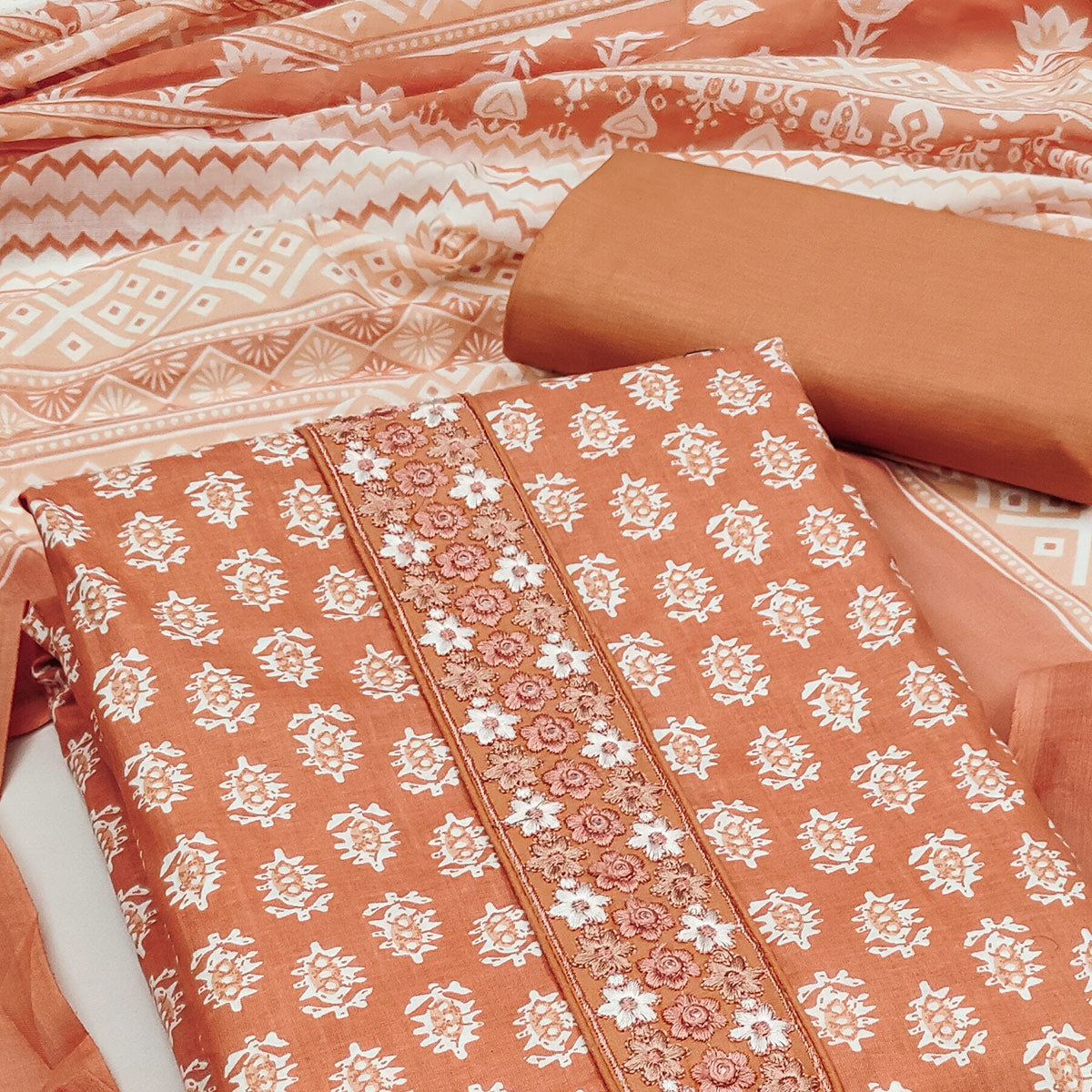 Peach Floral Printed Pure Cotton Dress Material