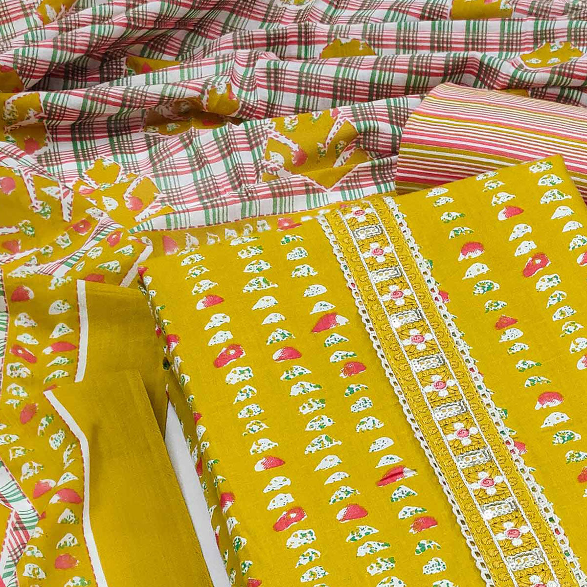Mustard Printed Pure Cotton Dress Material