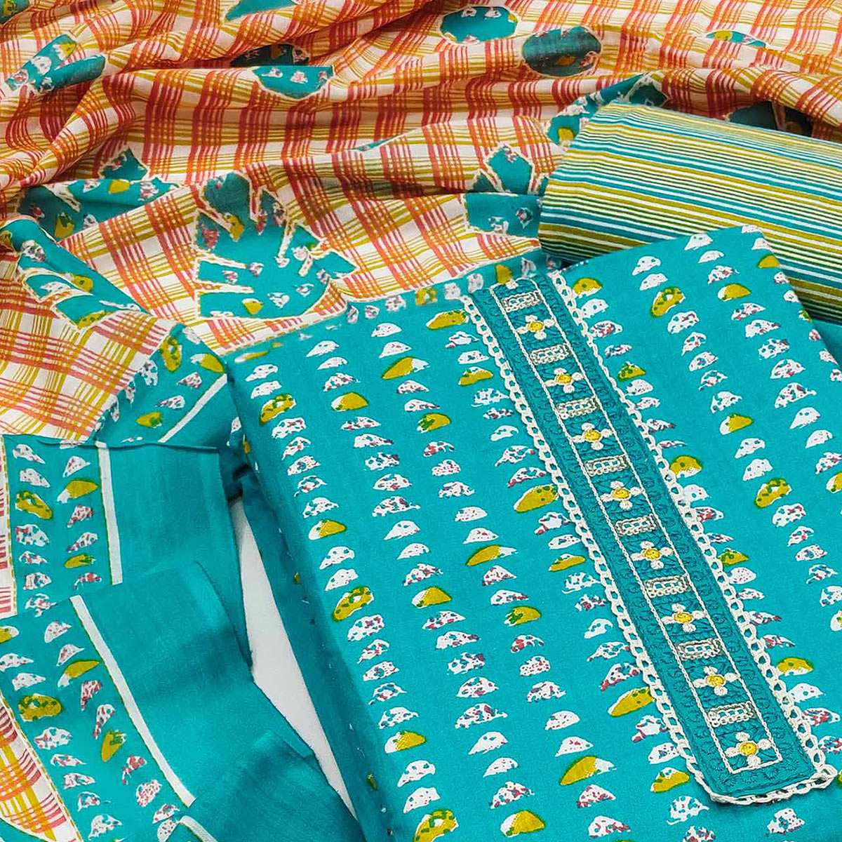 Turquoise Printed Pure Cotton Dress Material