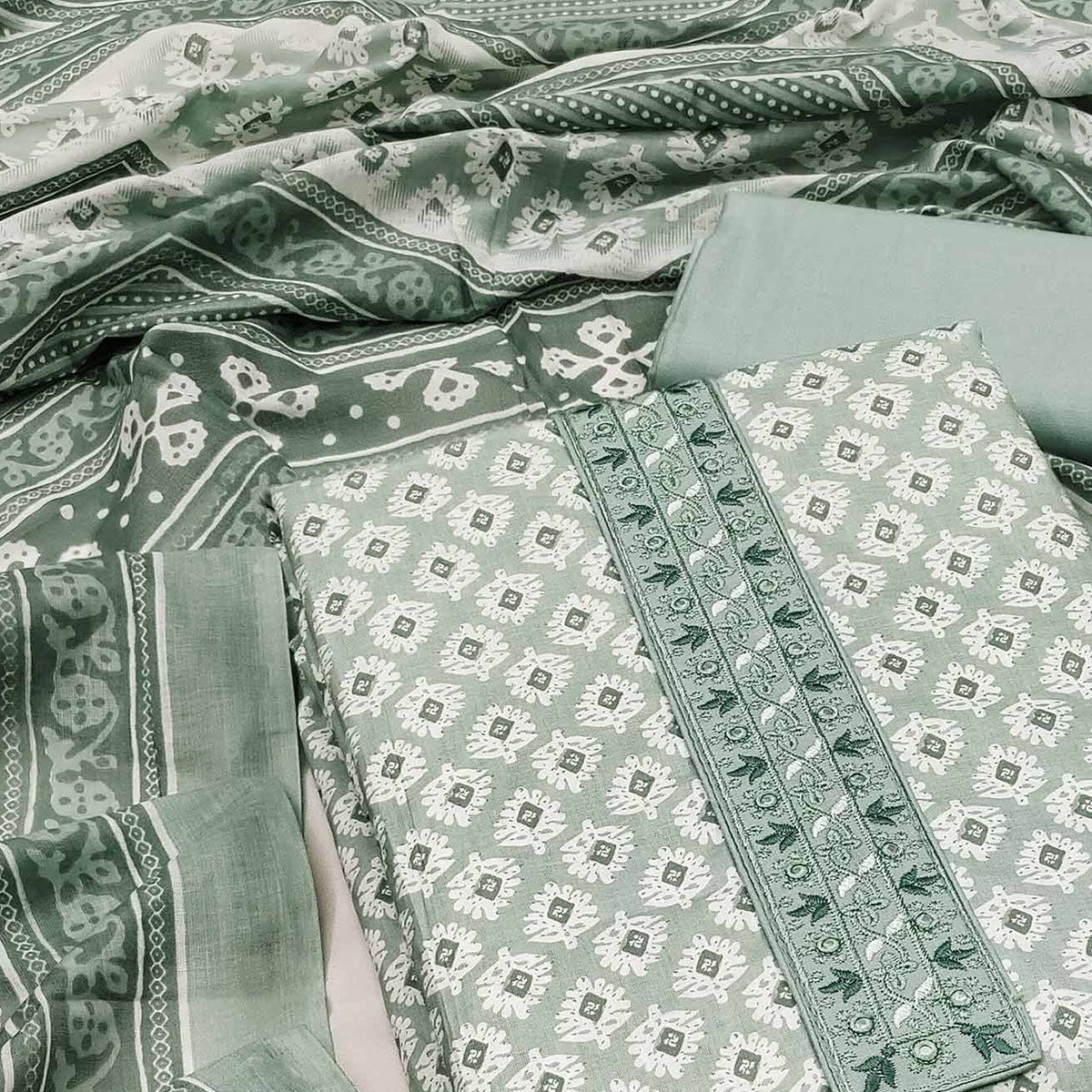 Light Sea Green Printed Pure Cotton Dress Material