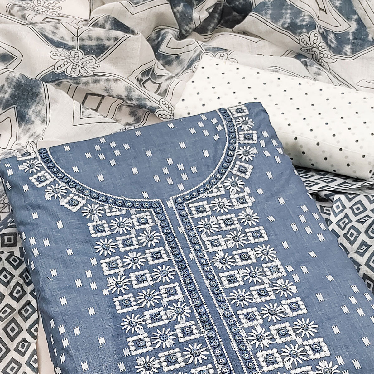 Grey Printed With Embroidered Pure Cotton Dress Material