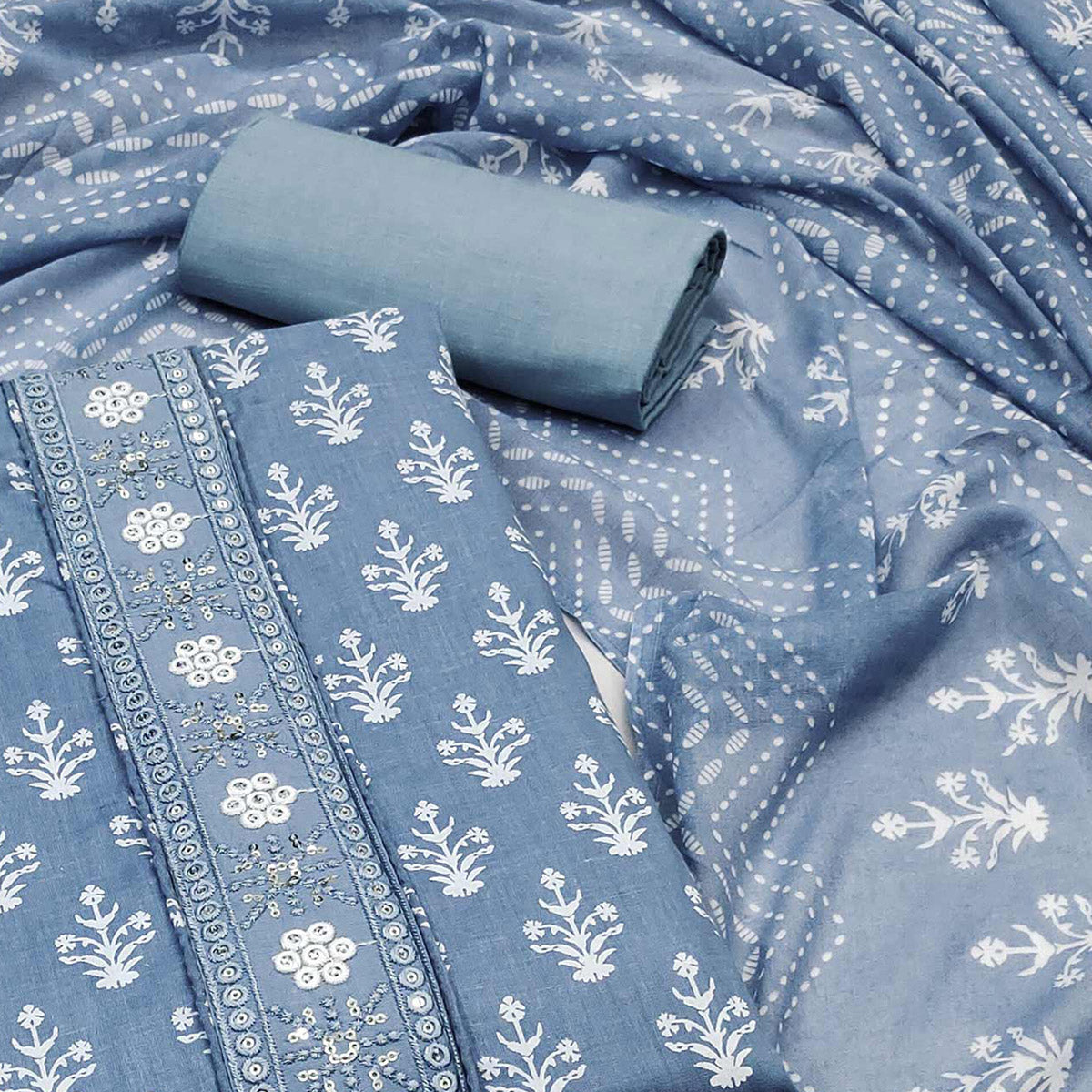 Bluish Grey Floral Printed With Embroidered Pure Cotton Dress Material