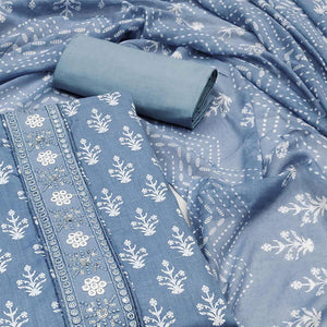 Bluish Grey Floral Printed With Embroidered Pure Cotton Dress Material