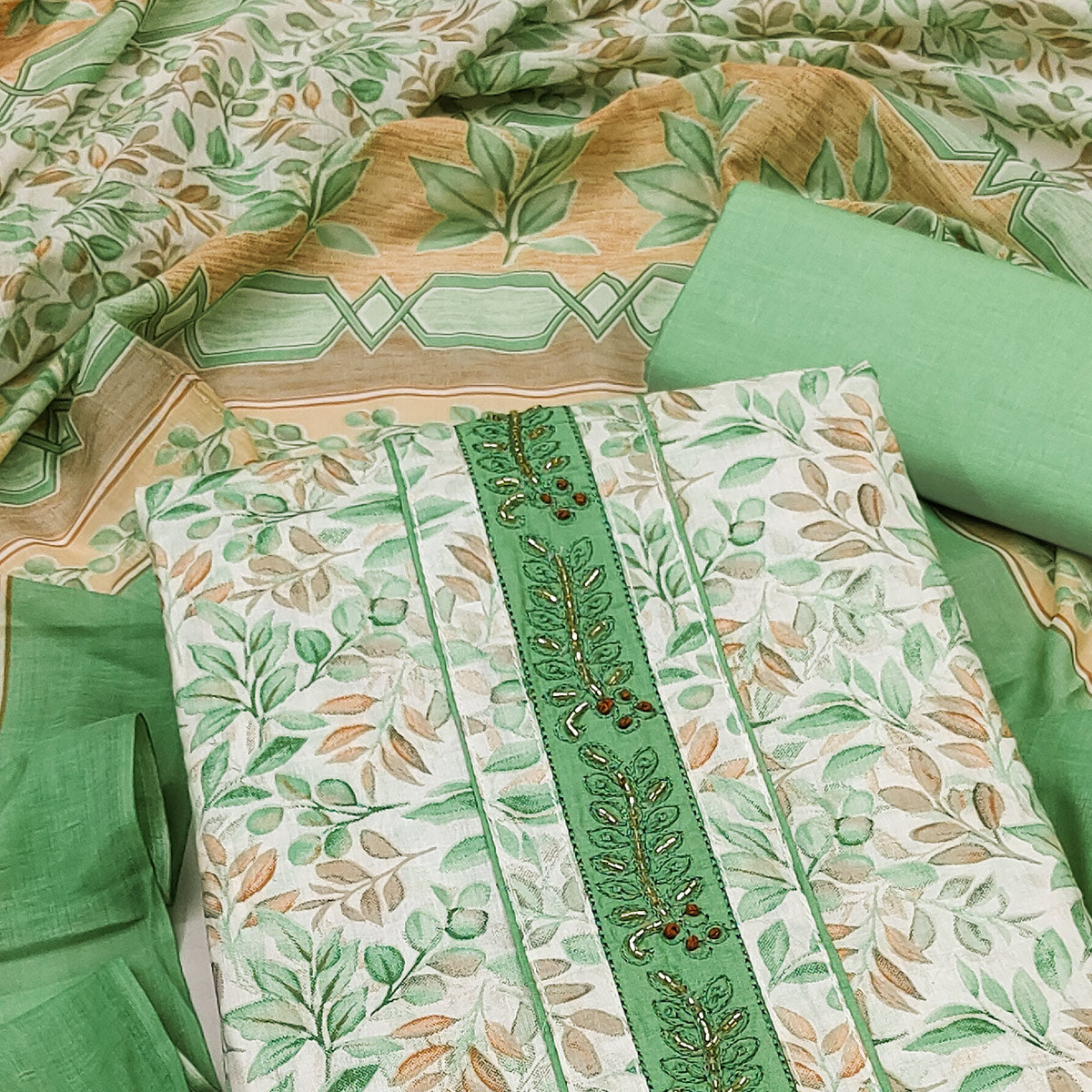 Green Floral Printed Pure Cotton Dress Material