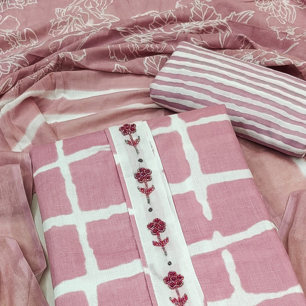 Pink Checks Printed Pure Cotton Dress Material