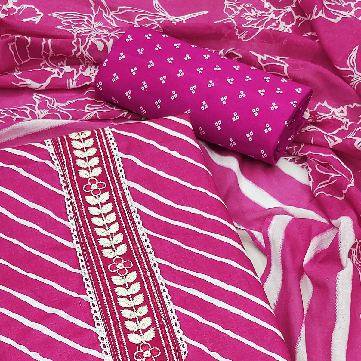 Rani Pink Striped Printed Pure Cotton Dress Material