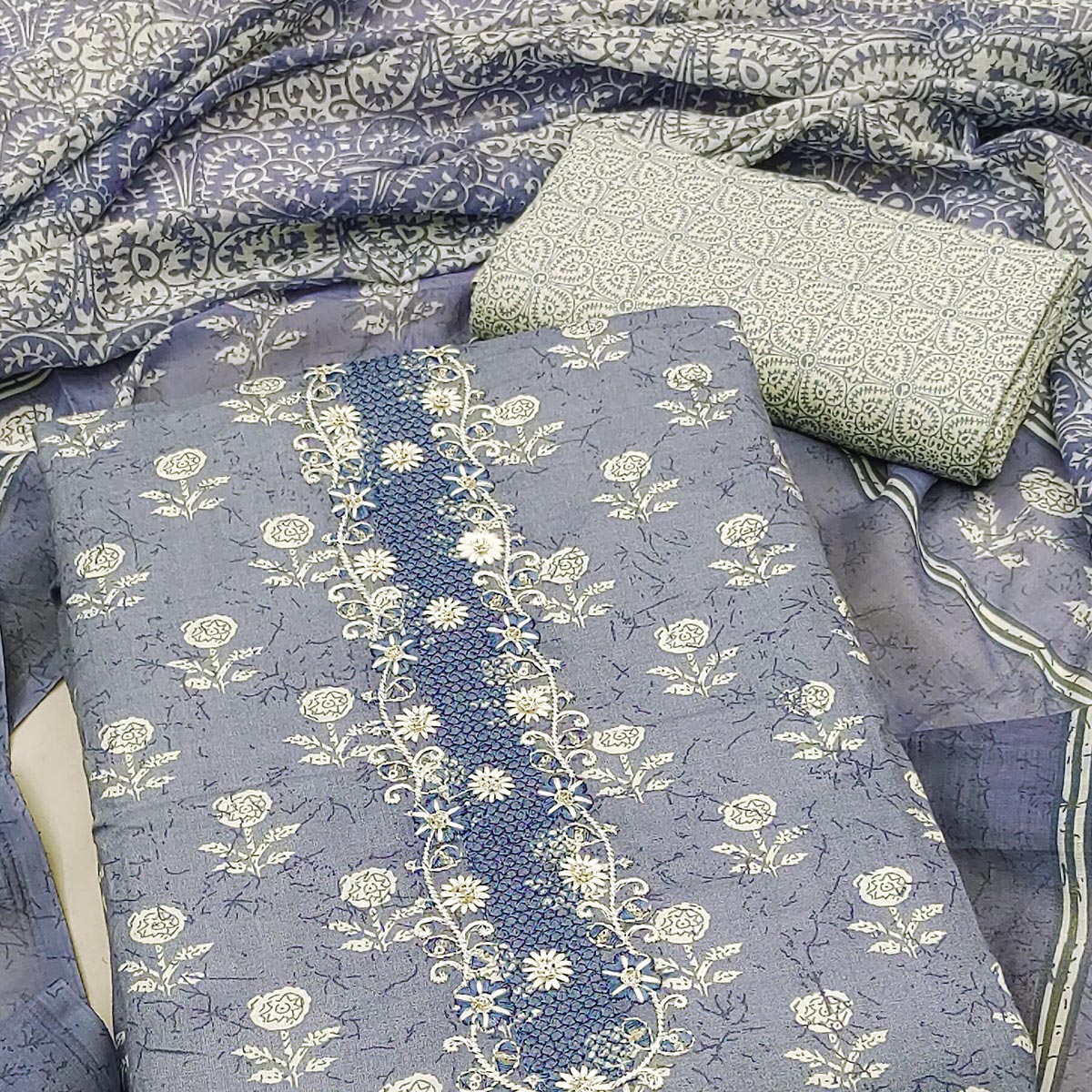 Blue Floral Printed Pure Cotton Dress Material