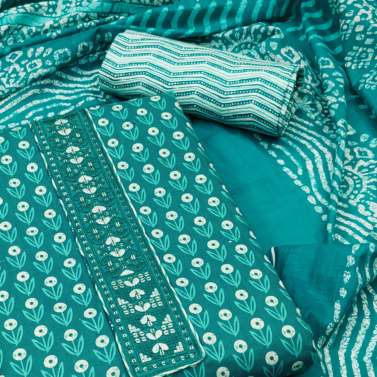 Turquoise Floral Printed Pure Cotton Dress Material