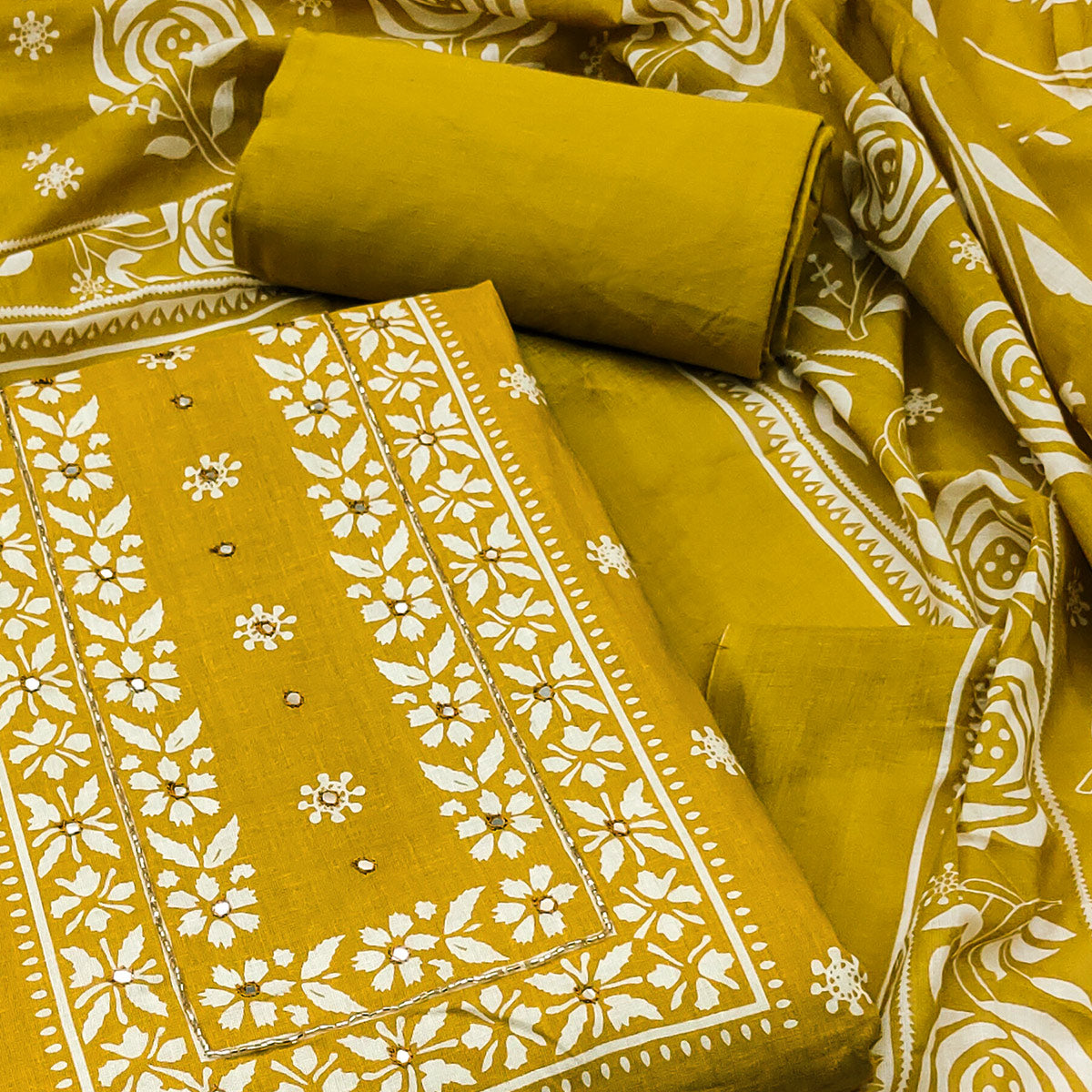 Mustard Printed With Mirror Work Pure Cotton Dress Material