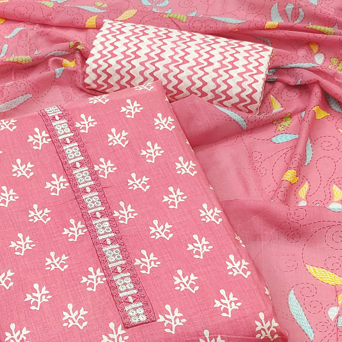 Pink Floral Printed Pure Cotton Dress Material