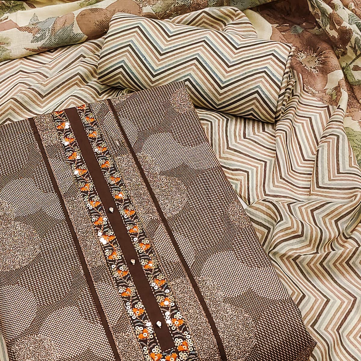 Brown Printed Pure Cotton Dress Material