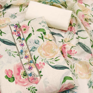 Cream Floral Printed Pure Cotton Dress Material