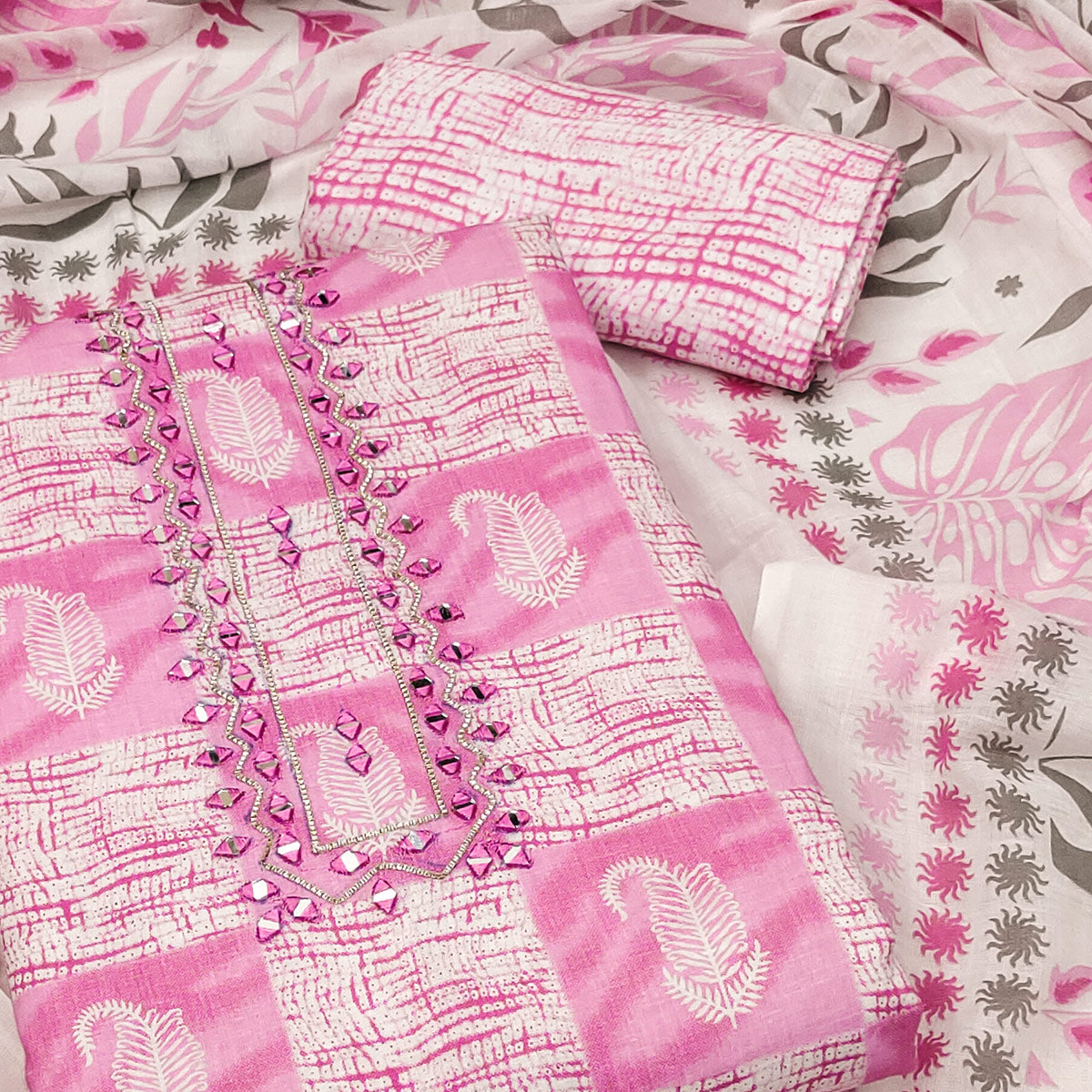 Pink Printed With Mirror Work Pure Cotton Dress Material