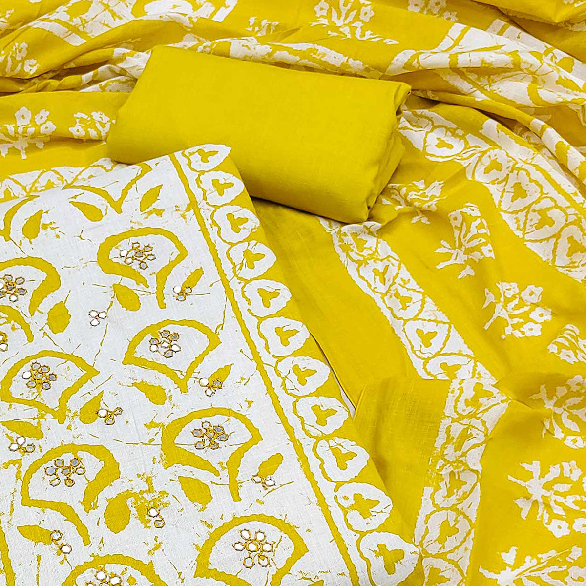 Mustard Printed Pure Cotton Dress Material